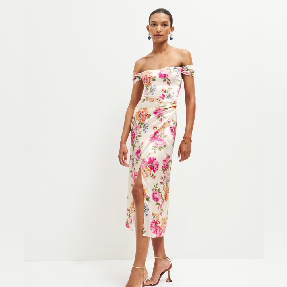 NWT Reformation Genesis 100% Silk Slit Midi Dress Floral Off Shoulder Giverny 4